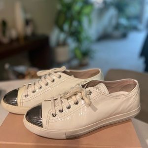 Miu Miu White Patent Leather Metal Cap Toe Lace Up Sneakers Size 40